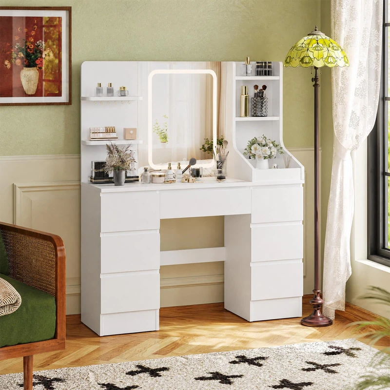 JUMMICO Dressing Table with LED Light,Adjustable Brightness,Vanity Desk with Mirror,Makeup Table with 7 Drawers for Bedroom Living Room,Modern - Image 1