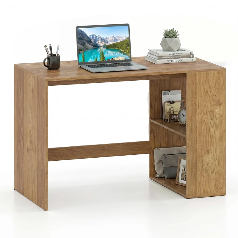 SFAREST Wooden Computer Desk with 2/3 Tier Bookshelf, 80/90/112CM Compact Laptop Table with 2/3 Compartments, PC Study Writing Workstation for Home Office (112x60x75 cm,Natural)