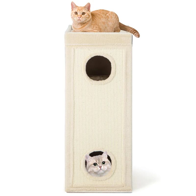 FANTASK Sisal Scratching Barrel, 40 x 40 x 99 cm, 4-Tier Scratching Post with 3 Caves, Scratching Board & Cushion, Cat Barrel for Cats up to 25 kg, Cat Furniture Cat House (Beige)