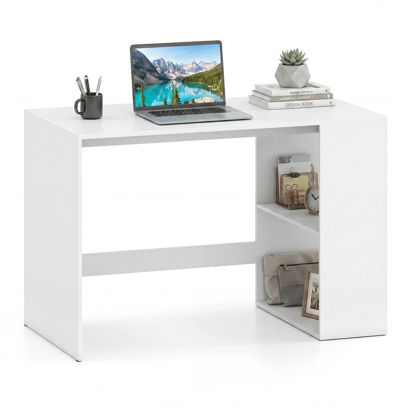 SFAREST Wooden Computer Desk with 2/3 Tier Bookshelf, 80/90/112CM Compact Laptop Table with 2/3 Compartments, PC Study Writing Workstation for Home Office (112x60x75 cm,White)