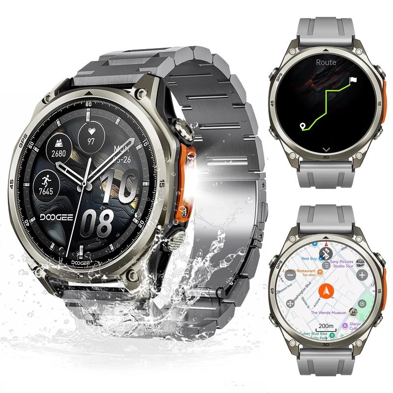 DOOGEE Anywise W1 Pro Mens Smart Watch, 5ATM Dual-Band GPS Offline Maps,1.43'' Fitness Smart watches for Android Phone/iPhone Compatible,170+ Sports Modes, Answer/Make Calls/12 Days Battery/3 Strap