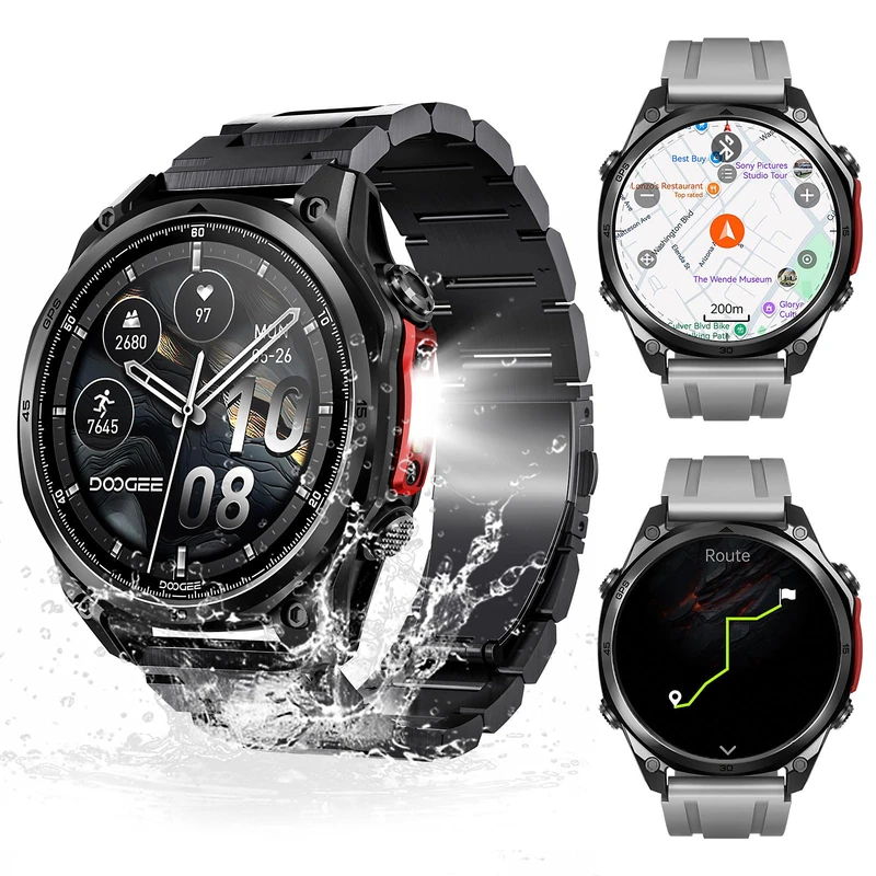 DOOGEE Anywise W1 Pro Mens Smart Watch, 5ATM Dual-Band GPS Offline Maps,1.43'' Fitness Smart watches for Android Phone/iPhone Compatible,170+ Sports Modes, Answer/Make Calls/12 Days Battery/3 Strap