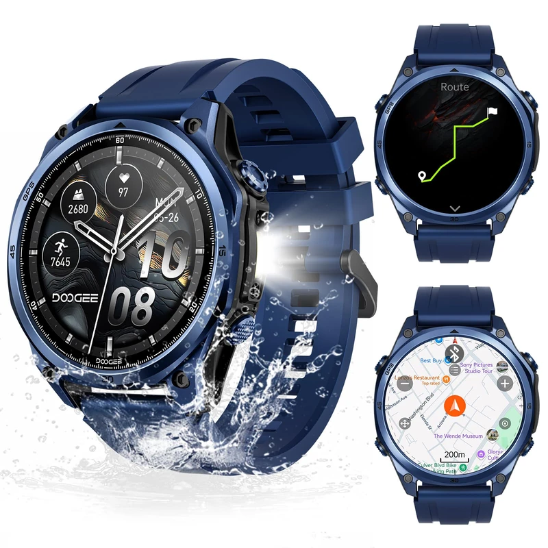 DOOGEE Anywise W1 Pro Mens Smart Watch, 5ATM Dual-Band GPS Offline Maps,1.43'' Fitness Smart watches for Android Phone/iPhone Compatible,170+ Sports Modes, Answer/Make Calls/12 Days Battery/3 Strap