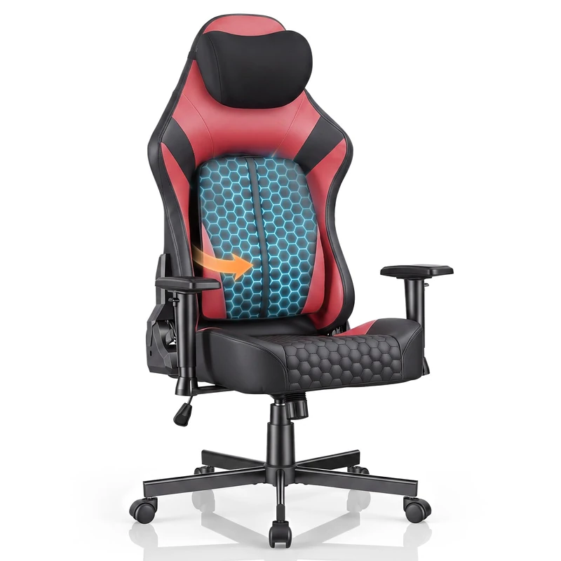 JUMMICO Ergonomic Gaming Chair, Pop-Out Dynamic Lumbar Support, 2D Adjustable Armrests, 90–135° Reclining High Back Computer Chair with Memory Foam Headrest, Max Load 150kg,Red