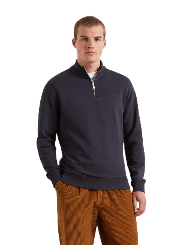 Farah Arnold Men's Quarter Zip Sweatshirt in True Navy, Smart Casual Pullover with Soft Layering Feel and Ribbed Cuffs