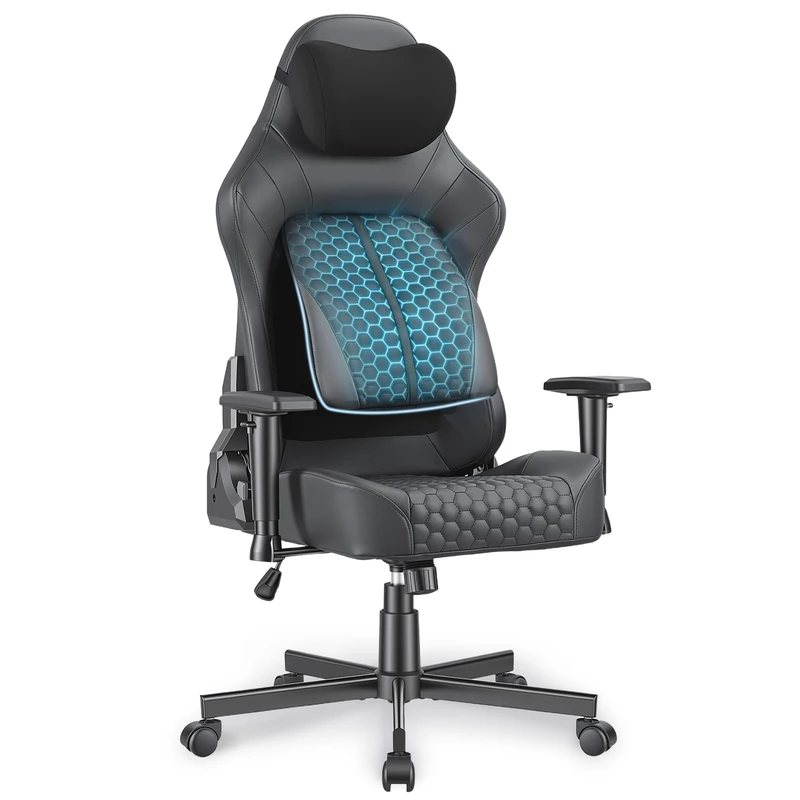 JUMMICO Ergonomic Gaming Chair, Pop-Out Dynamic Lumbar Support, 2D Adjustable Armrests, 90–135° Reclining High Back Computer Chair with Memory Foam Headrest, Max Load 150kg,Black