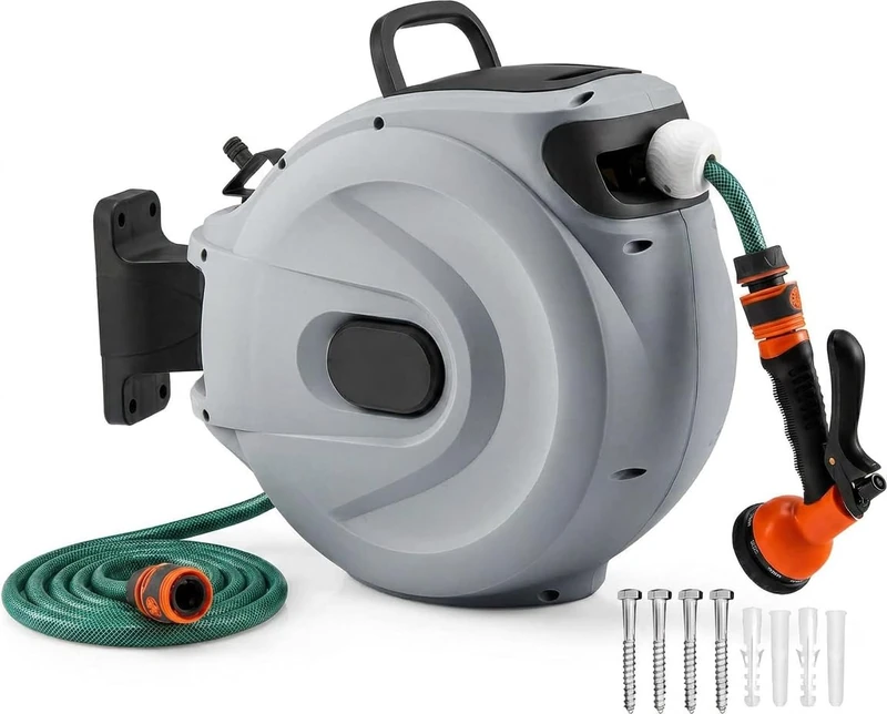 GiantexUK Wall Retractable Hose Reel, Air Compressor Reel Watering Tool with Auto Rewind, Locking System, 180° Swivel Bracket and 8 in 1 Nozzle (20+2M Pipe, Grey, 40 x 20 x 37cm)