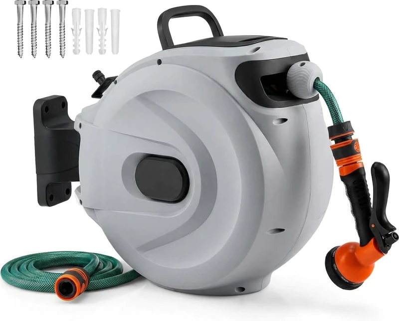 GiantexUK Wall Retractable Hose Reel, Air Compressor Reel Watering Tool with Auto Rewind, Locking System, 180° Swivel Bracket and 8 in 1 Nozzle (15+1M Pipe, Grey, 38 x 20 x 37cm)