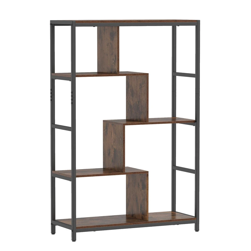 CASART 5-Tier Geometric Bookshelf with Open Shelves (Rustic Brown + Black)