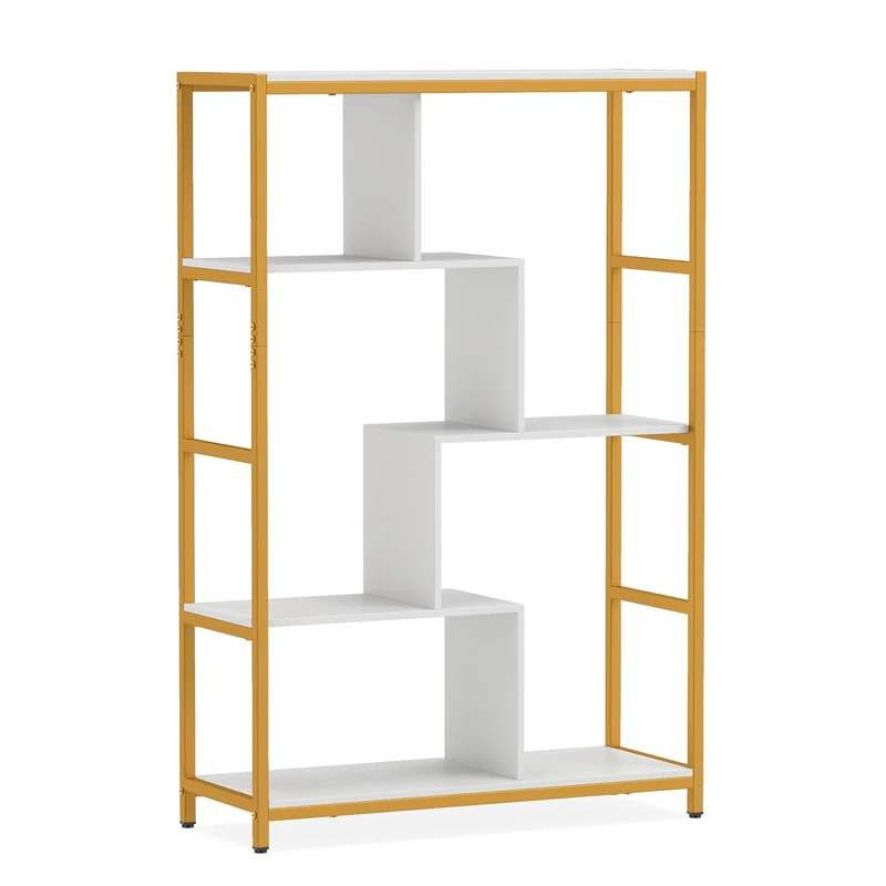 CASART 5-Tier Geometric Bookshelf with Open Shelves (Golden + White)