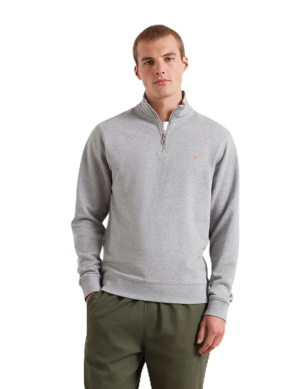 Farah Arnold Men's Quarter Zip Sweatshirt in Light Grey Marl, Smart Casual Pullover with Soft Layering Feel and Ribbed Cuffs