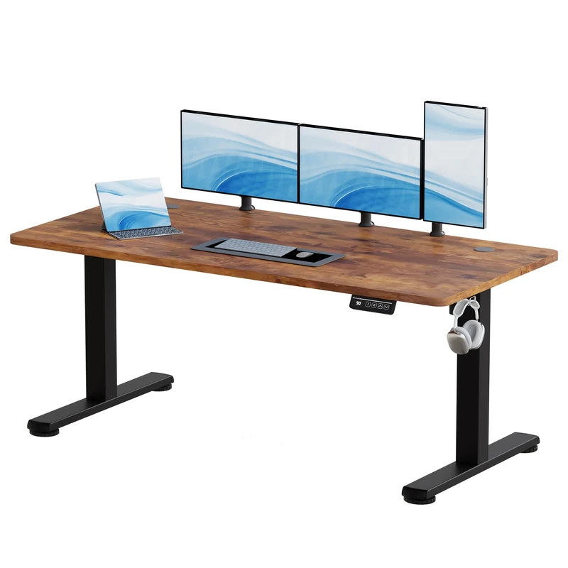 JUMMICO Electric Standing Desk Height Adjustable 160x60cm Sit Stand Table with Backpack Hook and Memory Smart Panel, Home Office,Rustic Brown