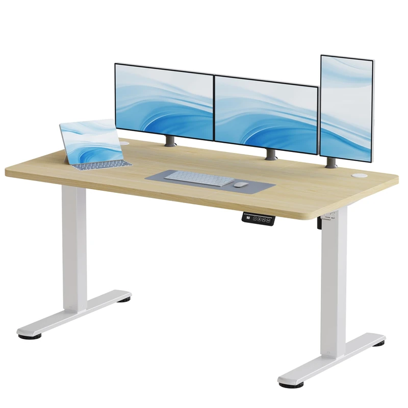 JUMMICO Electric Standing Desk Height Adjustable 140x60cm Sit Stand Table with Backpack Hook and Memory Smart Panel, Home Office, Beige - Image 1