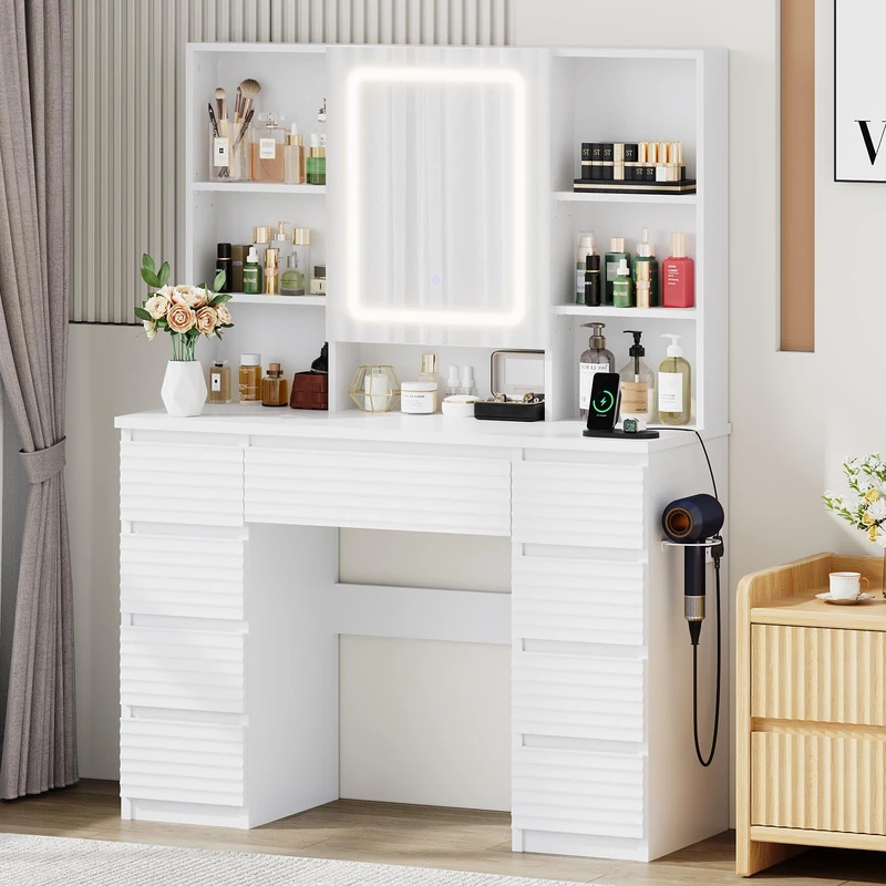 JUMMICO Fluted Dressing Table with LED Mirror,Adjustable Brightness