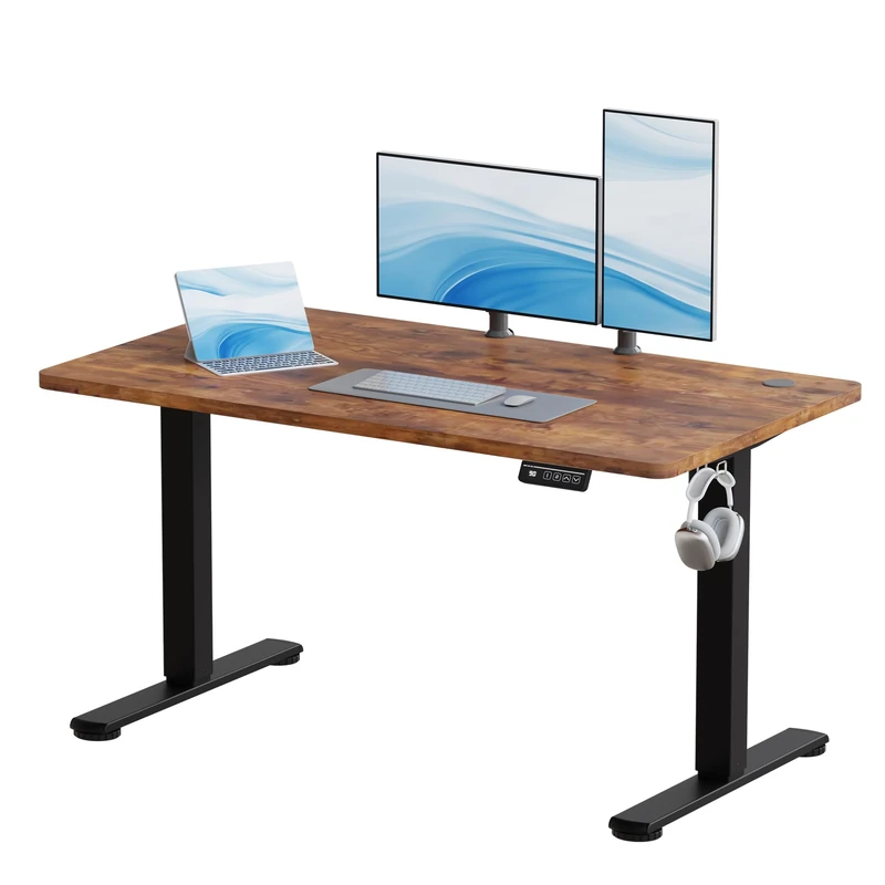 JUMMICO Electric Standing Desk Height Adjustable 120x60cm Sit Stand Table with Backpack Hook and Memory Smart Panel, Home Office,Rustic Brown