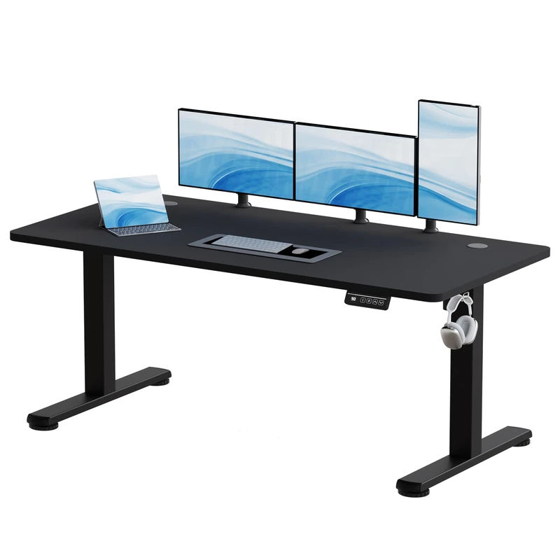 JUMMICO Electric Standing Desk Height Adjustable 160x60cm Sit Stand Table with Backpack Hook and Memory Smart Panel, Home Office, Black