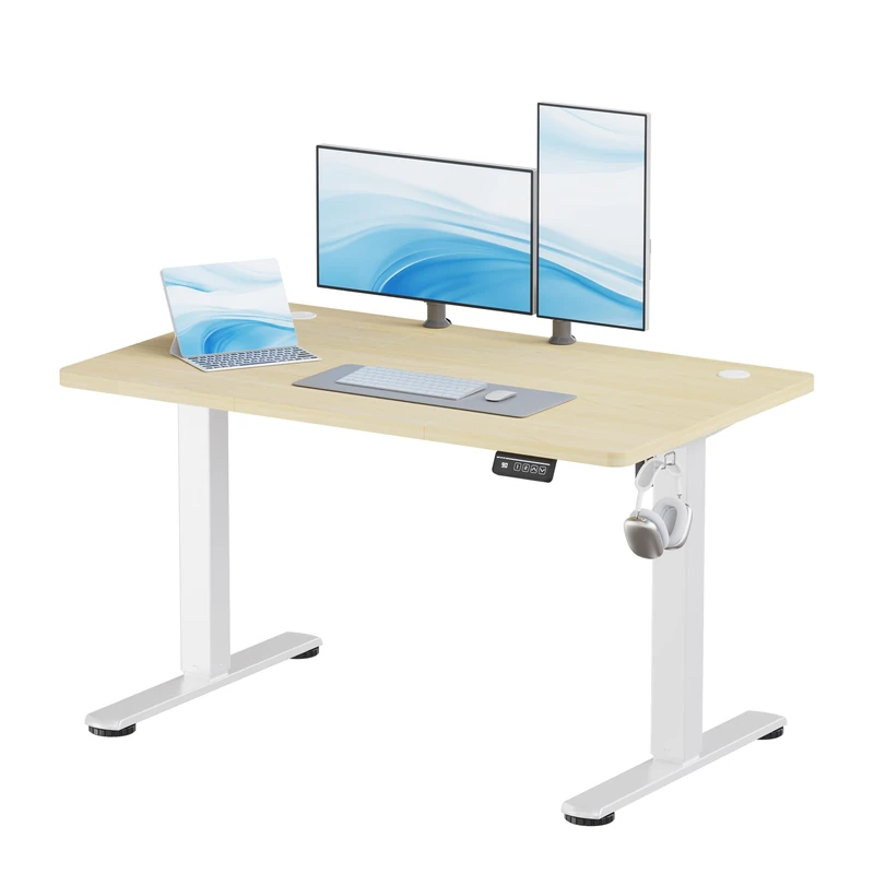 JUMMICO Electric Standing Desk Height Adjustable 120x60cm Sit Stand Table with Backpack Hook and Memory Smart Panel, Home Office, Beige - Image 1