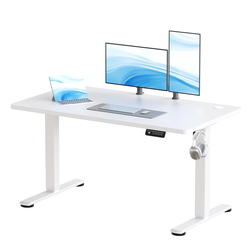 JUMMICO Electric Standing Desk Height Adjustable 120x60cm Sit Stand Table with Backpack Hook and Memory Smart Panel, Home Office, White