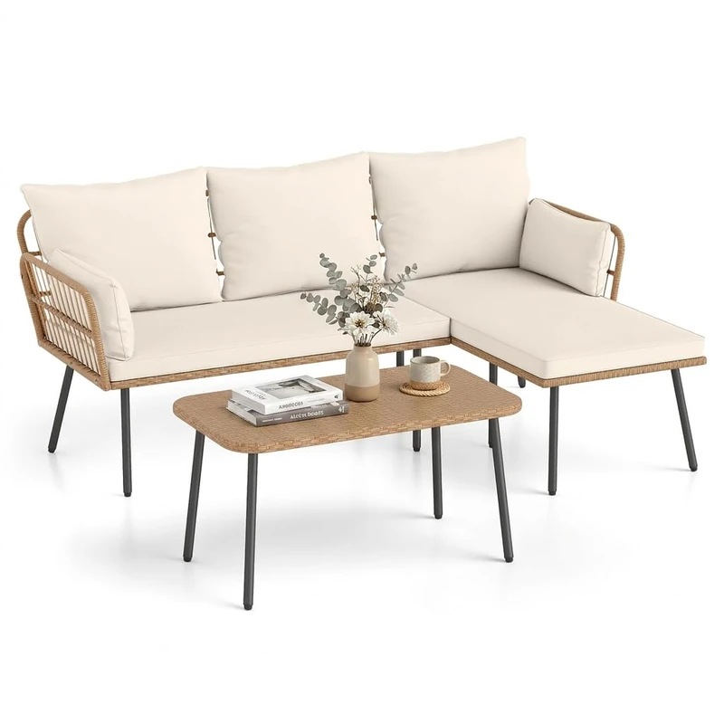 RELAX4LIFE 4 Seater Rattan Sofa Set with Thick Padded Cushions (Off White)