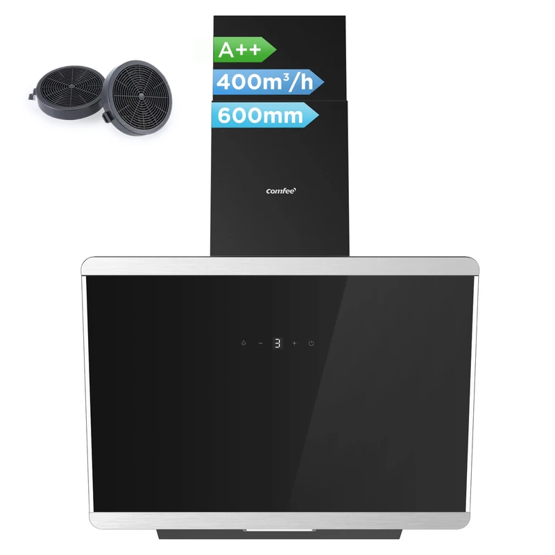 COMFEE' 60cm Angled Cooker Hood, Black Glass Kitchen Extractor Hood