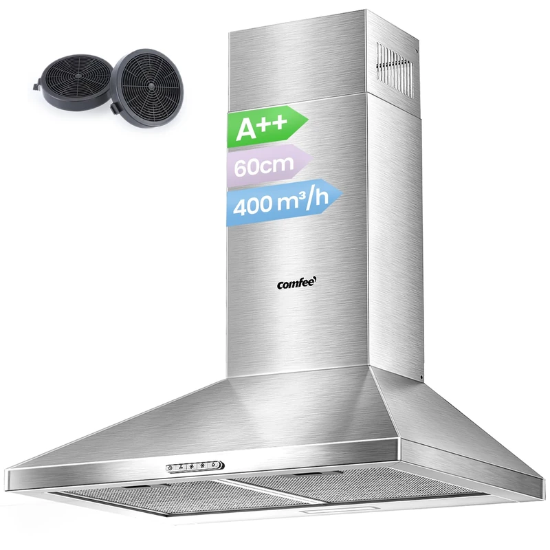 COMFEE' 60 cm New Chimney Cooker Hoods Class A++ Stainless Steel Extractor Hood with LED and Recirculating & Ducting System Wall Mounted Hood 600 mm with Carbon Filters