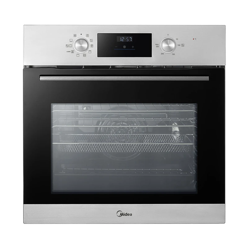 Midea 70L, 60cm Wide, Single Electric Built-in Fan Oven with Air Fry, 12 Oven Functions, Aqua Clean, LED Display, Convection, ECO, MultiLevel Cooking, Color Stainless Steel - MBO65M90D2-SS
