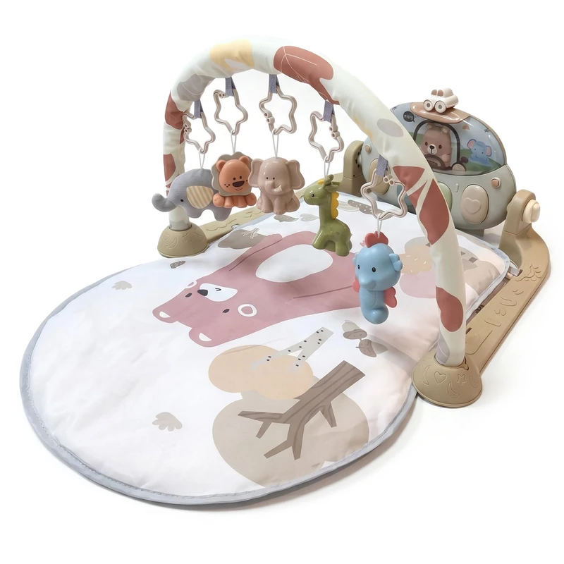 Relaxdays Activity Arch, with toys, music & lights, HxWxD: 42 x 64 x 80 cm, baby gym, bear mat, brown