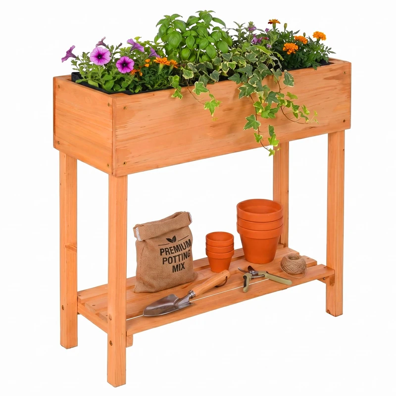 Relaxdays Raised Bed, Garden, Balcony & Patio, with shelf, wood & fleece liner, H x W x D: 80x80x30 cm, orange