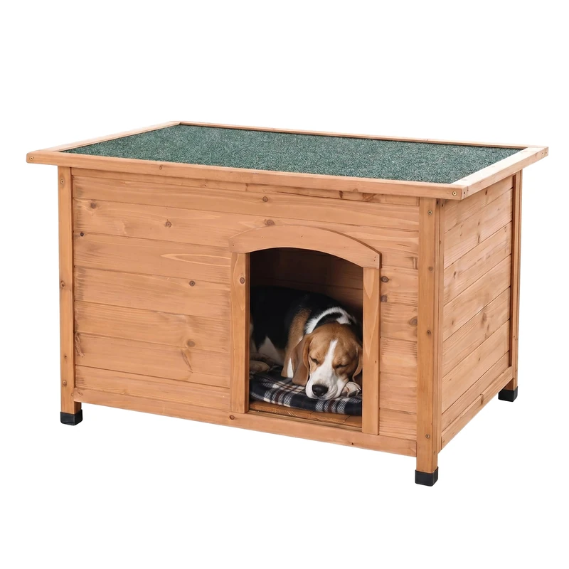 Relaxdays wooden dog house, HxWxD: 58.5 x 85 x 53 cm, weatherproof, hinged roof, outdoor, orange/green - Image 1