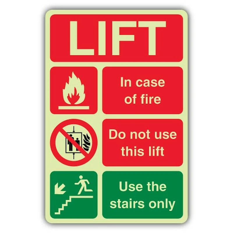 V Safety Glow In The Dark Fire Action Lift Sign - 300 x 450 mm - Made From Triple Glow Rigid Plastic - Fire Safety Signage - Made in Britain
