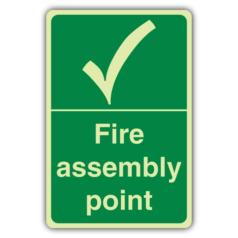 V Safety Glow In The Dark Fire Assembly Point With Tick Sign - 400 x 600 mm - Made From Triple Glow Self Adhesive Vinyl - Fire Safety Signage - Made in Britain