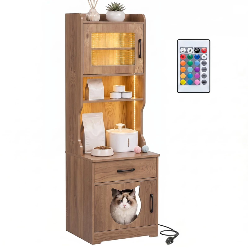 GYMAX 152 cm Tall Cat Litter Box Enclosure with Adjustable LED Light (Natural)