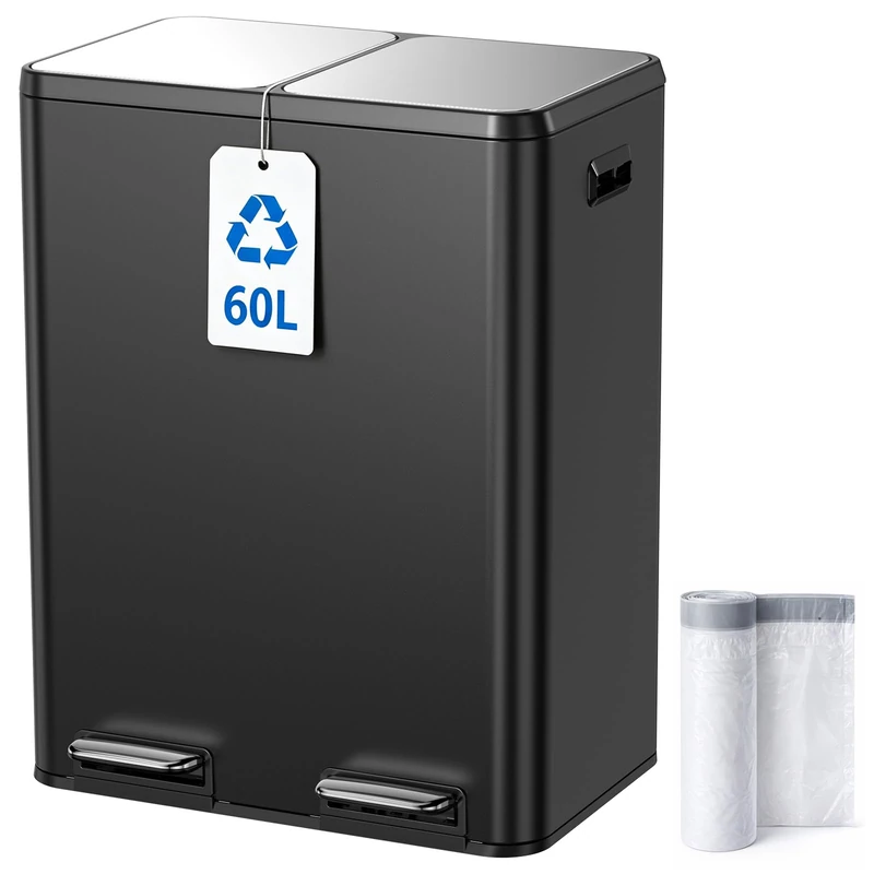 Kitchen Bin,60L Dual Rubbish Bin,2 x 30L Stainless Steel Pedal Bin,Double Bin Recycling with Soft-Close Lids and Plastic Inner Buckets,Fingerprint Proof,Odour Seal,Large Capacity, Pure Black