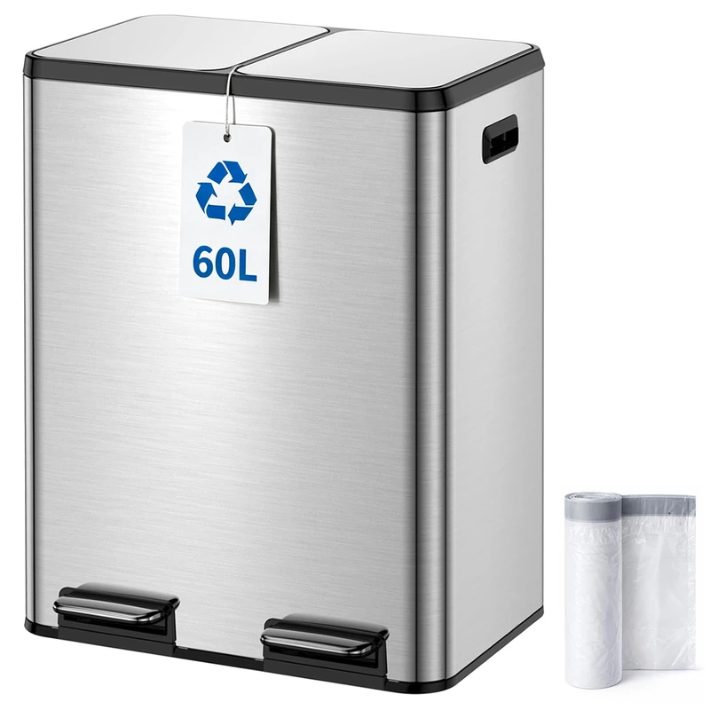 Kitchen Bin,60L Dual Rubbish Bin,2 x 30L Stainless Steel Pedal Bin,Double Bin Recycling with Soft-Close Lids and Plastic Inner Buckets,Fingerprint Proof,Odour Seal,Large Capacity, Pure Silver