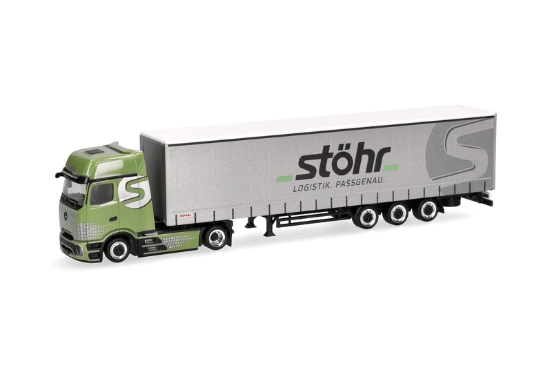 Herpa truck model Mercedes-Benz Actros L ProCabin Gigaspace volume curtain canvas semitrailer "Stöhr Logistik", on a scale of 1:87, plastic miniature, made in Germany, collectors edition