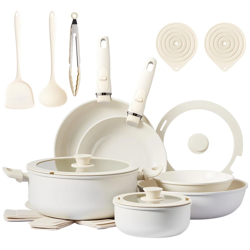 ROVSON 22pcs Non-Stick Pots & Pans Set, Induction, Detachable Handle, Beige - Image 1