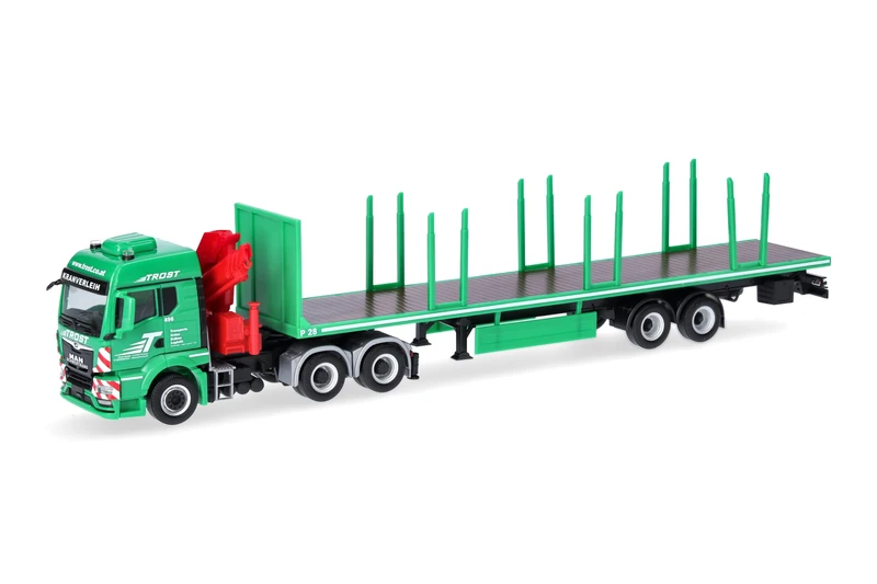 Herpa truck model MAN TGS TM stake semitrailer "Trost" (Austria), on a scale of 1:87, plastic miniature, made in Germany, model building, collectors edition - Image 1