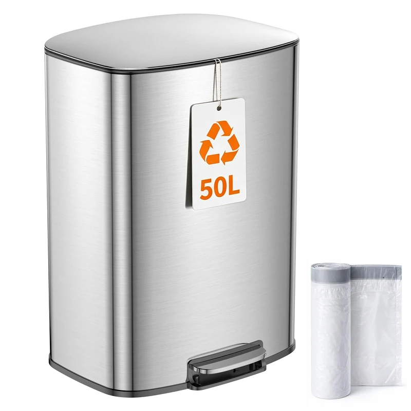 YEAUPE PRO Kitchen Bin 50L, Pedal Bin with Soft-Close Lid, Stainless Steel Rubbish Bin for Recycling and Waste with Handle, Removable Inner Buckets Trash Can, with 15 Bin Liners, Metal Silver