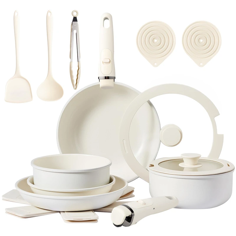 ROVSON 19pcs Non-Stick Pots & Pans Set, Induction, Detachable Handle, Beige - Image 1
