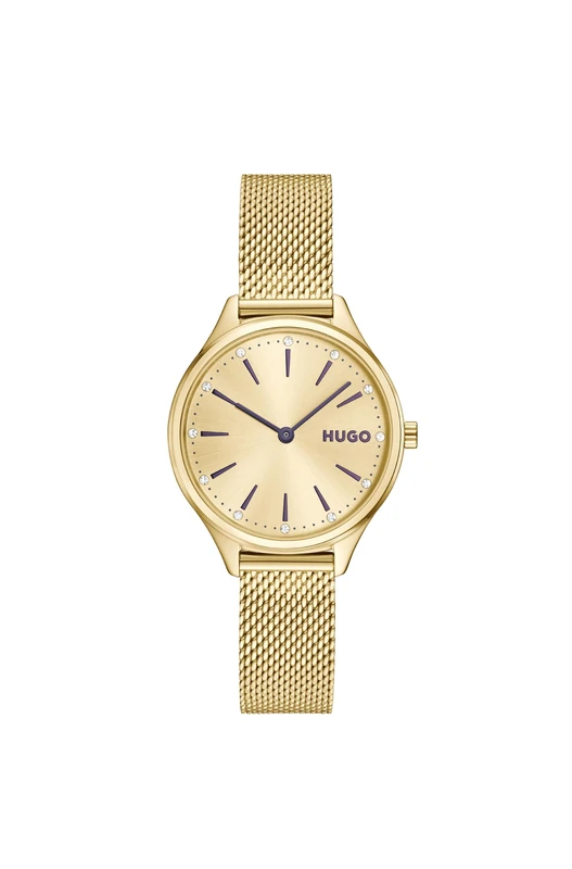HUGO Analog Quartz Watch for Women #Glossy Collection with Gold Stainless Steel Bracelet - 1540188