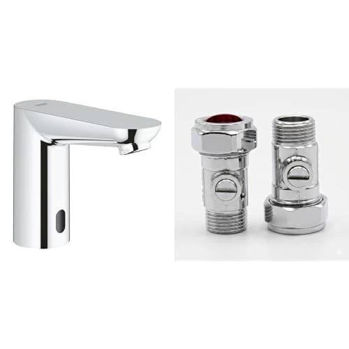 GROHE Eurosmart CE Infra-Red Electronic Basin Tap (Touchless Sensor Faucet for Cold/Premixed Water, 7 Pre-Set Programs, 6V Lithium Battery Type CR-P2), Chrome, 36271000 & UK Tap Adaptors 129473
