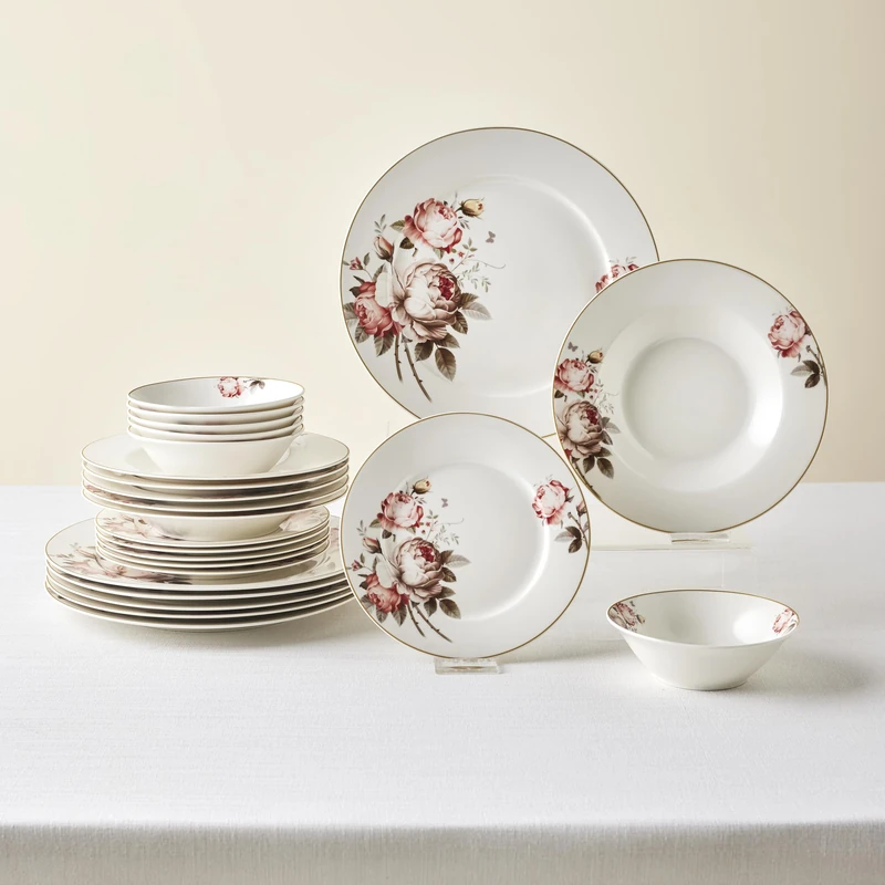 Karaca Rosie 24-Piece Bone China Dinner Set for 6 - Floral Dinnerware Set with Dinner Plates, Pasta Bowls, Side Plates and Cereal Bowls, Dishwasher & Microwave Safe