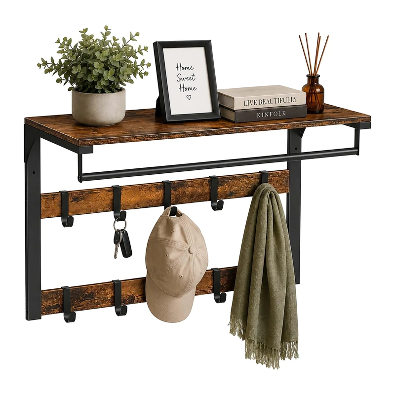 Relaxdays 3-in-1 wall coat rack, 10 hooks, clothes rail & hat shelf, H x W x D 42 x 65 x 30 cm, brown/black - Image 1