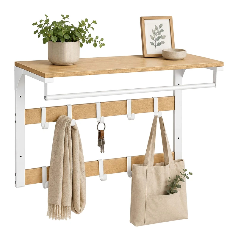 Relaxdays 3-in-1 wall-mounted coat rack, 10 hooks, clothes rail, hat shelf, H x W x D 42 x 65 x 30 cm, natural/white