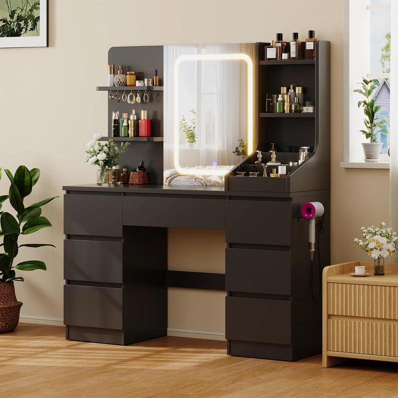 JUMMICO Dressing Table with Mirror and Power Strip,Adjustable Brightness