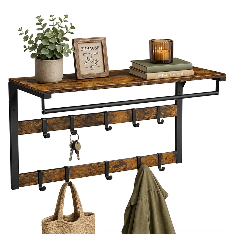 Relaxdays 3-in-1 wall coat rack, 10 hooks, clothes rail & hat shelf, H x W x D 42 x 80 x 30 cm, brown/black