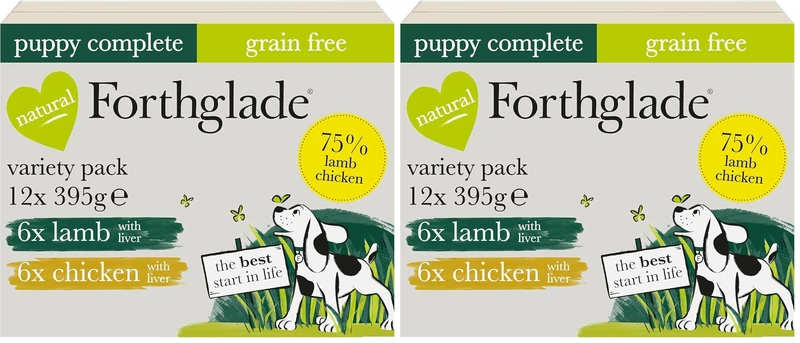 Forthglade Wet Puppy Food Variety Pack (12 x 395g Trays) - Grain Free & Hypoallergenic Dog Food, Lamb with Liver and Chicken with Liver, Complete Meals for Puppies 2-12 Months (Pack of 2)