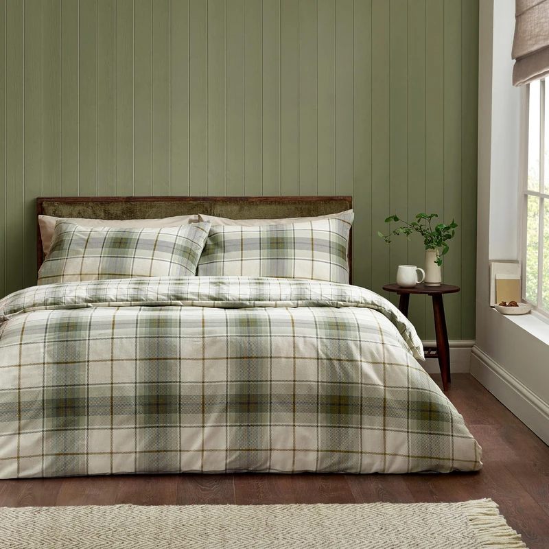 Catherine Lansfield Brushed Troon Check King Duvet Cover Set Green - Image 1