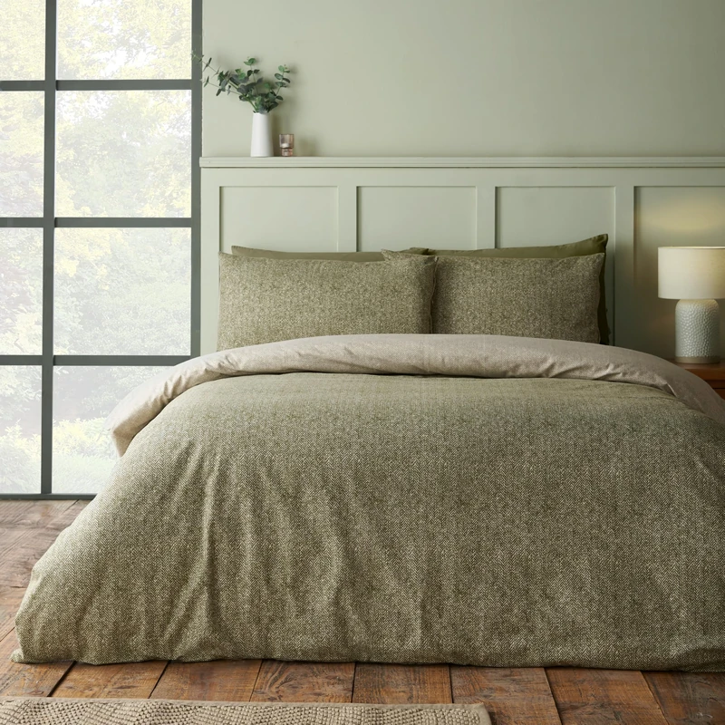 Catherine Lansfield Brushed Herringbone King Duvet Cover Set Green