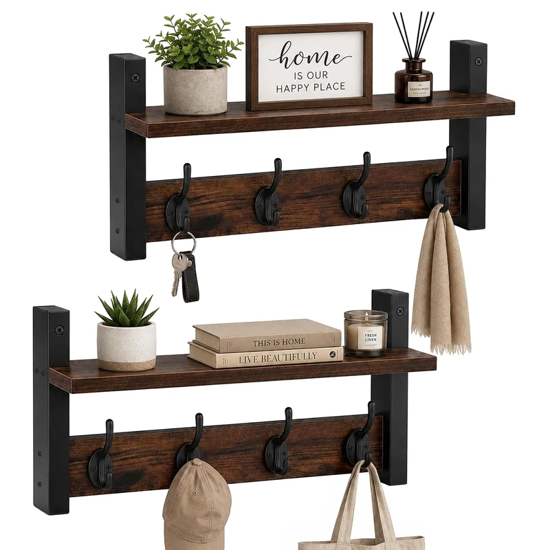 Relaxdays wall-mounted coat rack, set of 2, each with 4 double hooks, HxWxD: 19.5 x 40 x 11 cm, with hat shelf, brown